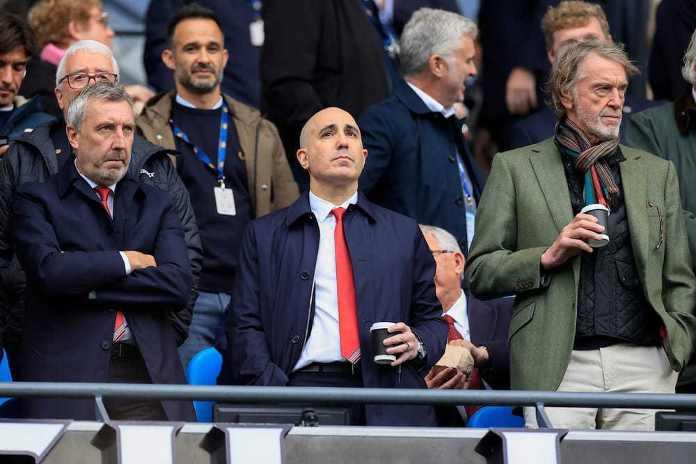 Sir Jim Ratcliffe joint owner of Manchester United takes his seat alongside Omar Berrada the Chief Executive of Manchester United and Jason Wilcox Technical Director at Manchester United ahead of the Premier League match between Manchester City and Manchester United at the Etihad Stadium, Manchester, England on 14 September 2025.
