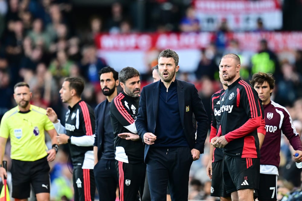 The Manchester United bench react after a penalty shout during the Premier League match between Fulham and Manchester United at Craven Cottage, London, UK on 20 September 2026.