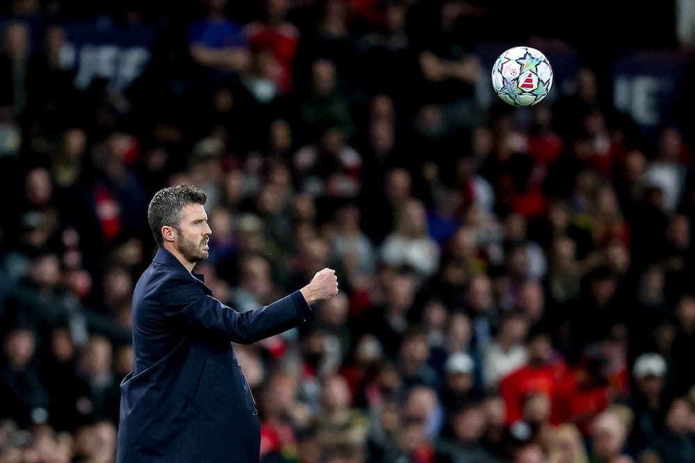 Manchester United head coach Michael Carrick throws ball during the Champions League match between Manchester United and Sabah at Old Trafford, Manchester, UK on 10 September 2026.