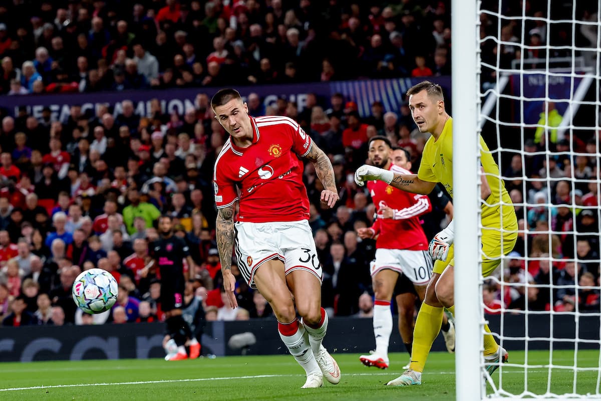 Manchester United forward Benjamin Sesko (30) chases ball from Sabah FC goalkeeper Stas Pokatilov (92) during the Champions League match between Manchester United and Sabah at Old Trafford, Manchester, UK on 10 September 2026.