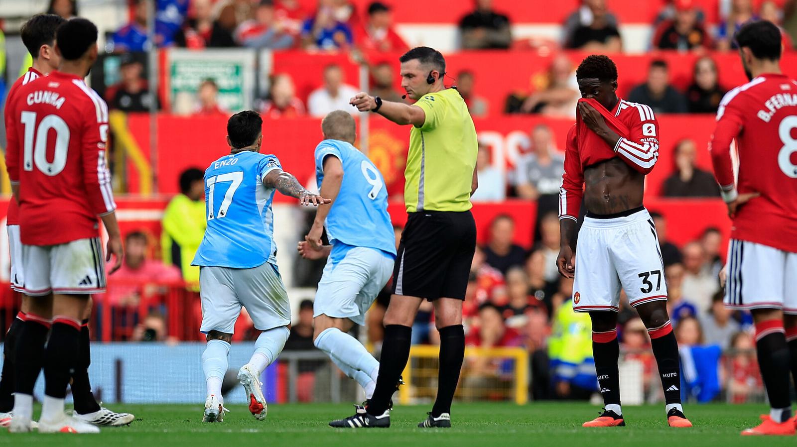 Erling Haaland (9) of Manchester City runs to celebrate scoring to make it 0-1 after referee Michael Oliver points to the spot after a VAR review during the Premier League match between Manchester United and Manchester City at Old Trafford, Manchester, UK on 13 September 2026.